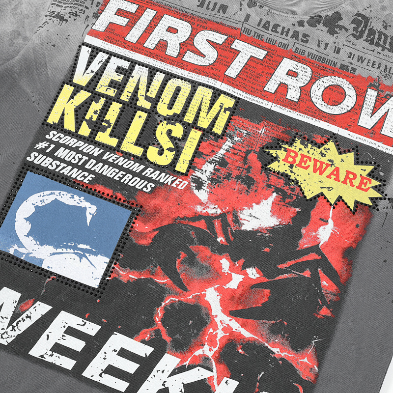 F507# P67 FIRST ROW Breaking News Venom Kills Cropped Tee 2026SS烫钻洗水做旧纯棉短袖T恤