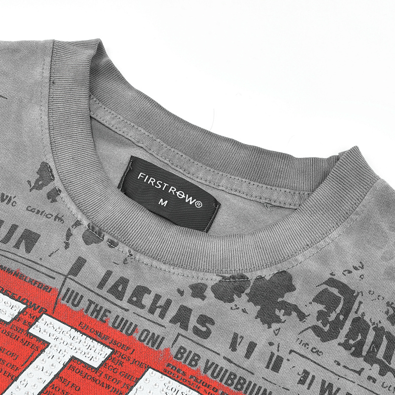 F507# P67 FIRST ROW Breaking News Venom Kills Cropped Tee 2026SS烫钻洗水做旧纯棉短袖T恤