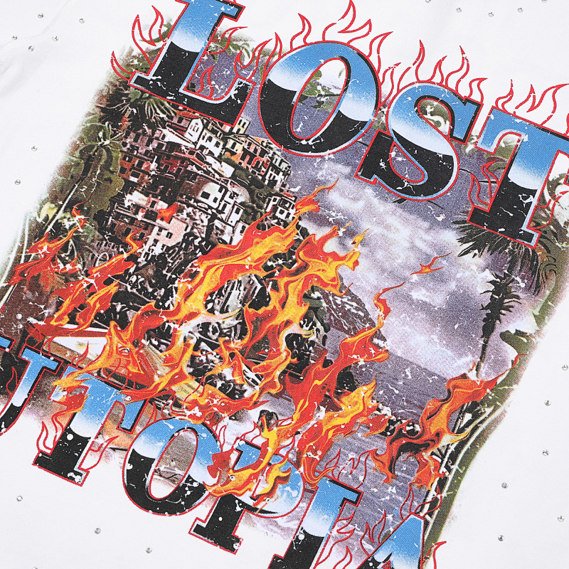 F511# P65 FIRST ROW LOST UTOPIA BURNING FLAME TEE最新洛杉矶潮牌短袖T恤