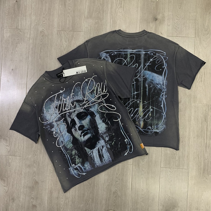 F513# P72 FIRST ROW LOST UTOPIA UNEARTH CROPPED TEE 白墨直喷透气烫钻短袖T恤
