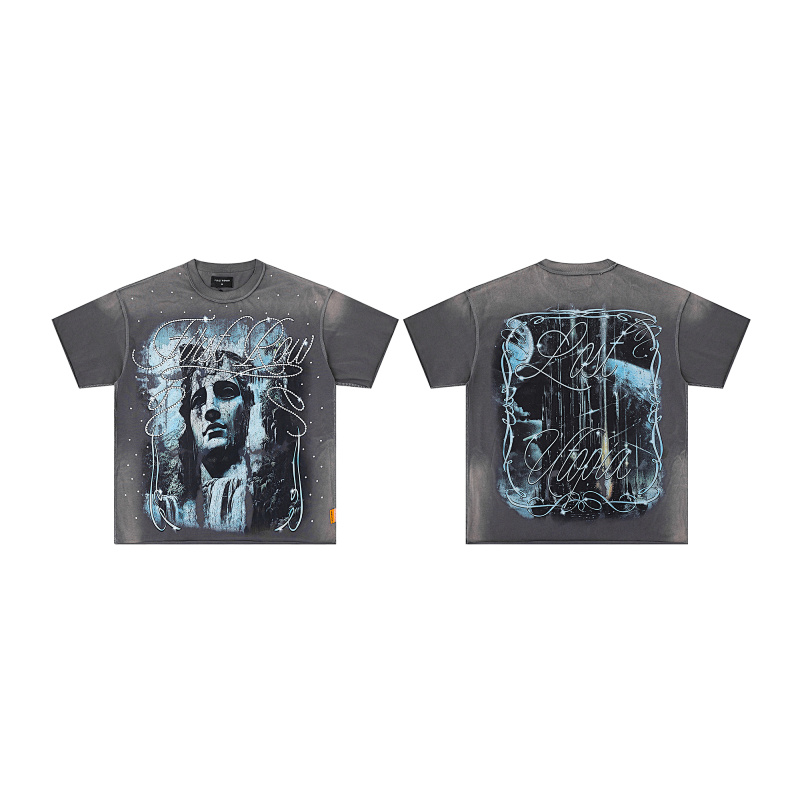F513# P72 FIRST ROW LOST UTOPIA UNEARTH CROPPED TEE 白墨直喷透气烫钻短袖T恤