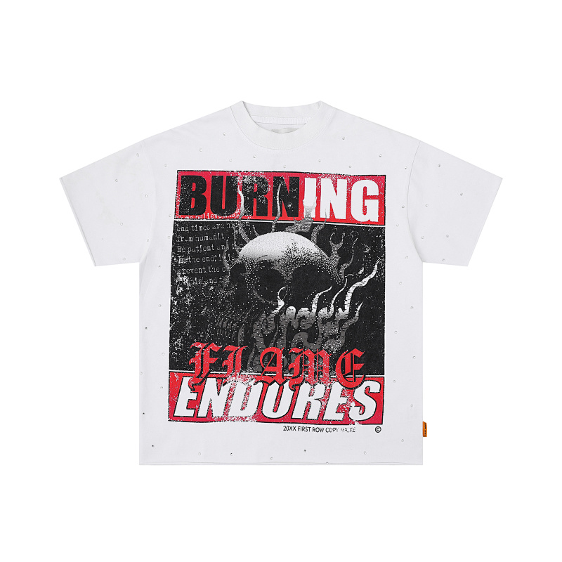 F506# P68(白色） P70(灰色) FIRST ROW BREAKING NEWS BURNING FLAMES CROPPED TEE时尚烫钻潮牌短袖