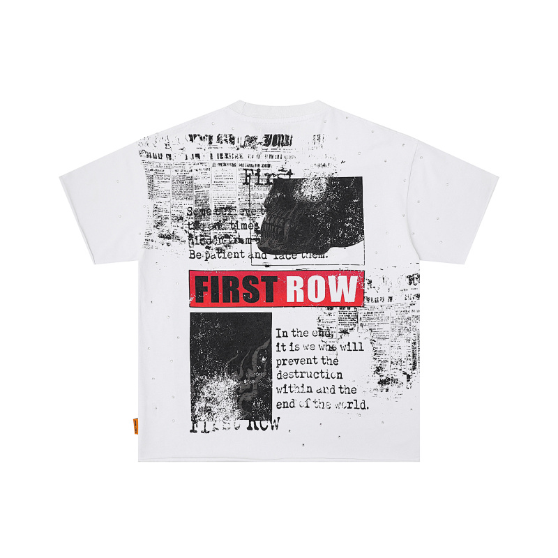 F506# P68(白色） P70(灰色) FIRST ROW BREAKING NEWS BURNING FLAMES CROPPED TEE时尚烫钻潮牌短袖