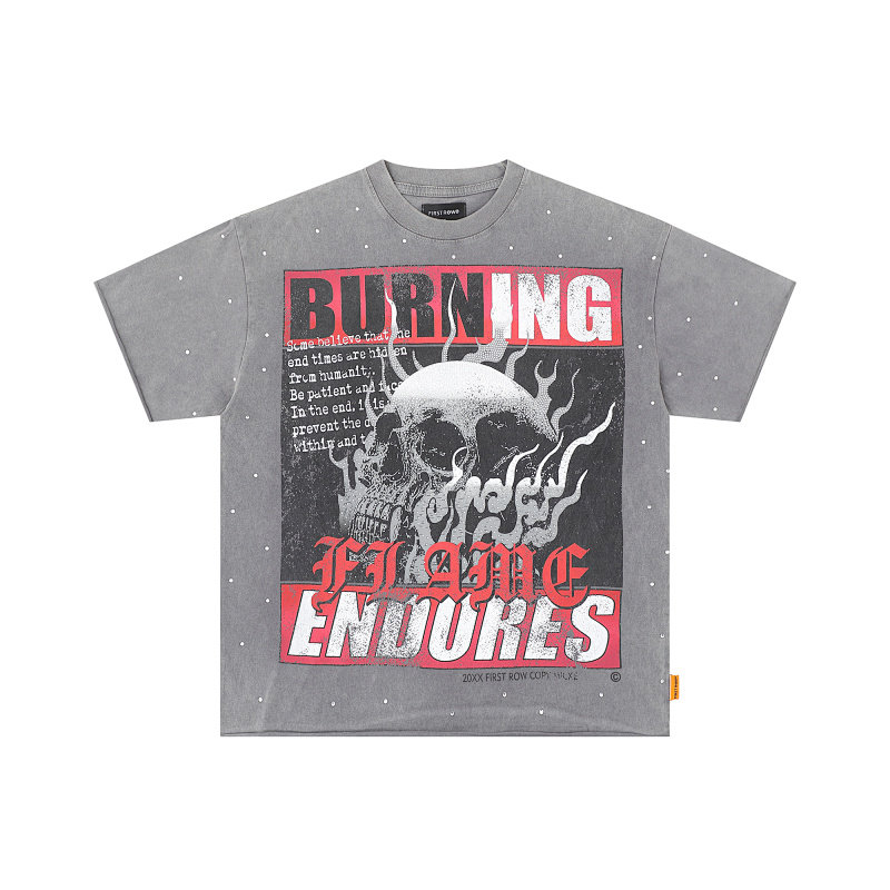 F506# P68(白色） P70(灰色) FIRST ROW BREAKING NEWS BURNING FLAMES CROPPED TEE时尚烫钻潮牌短袖
