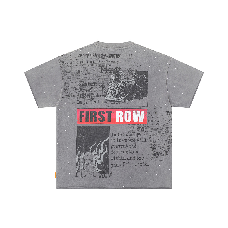 F506# P68(白色） P70(灰色) FIRST ROW BREAKING NEWS BURNING FLAMES CROPPED TEE时尚烫钻潮牌短袖