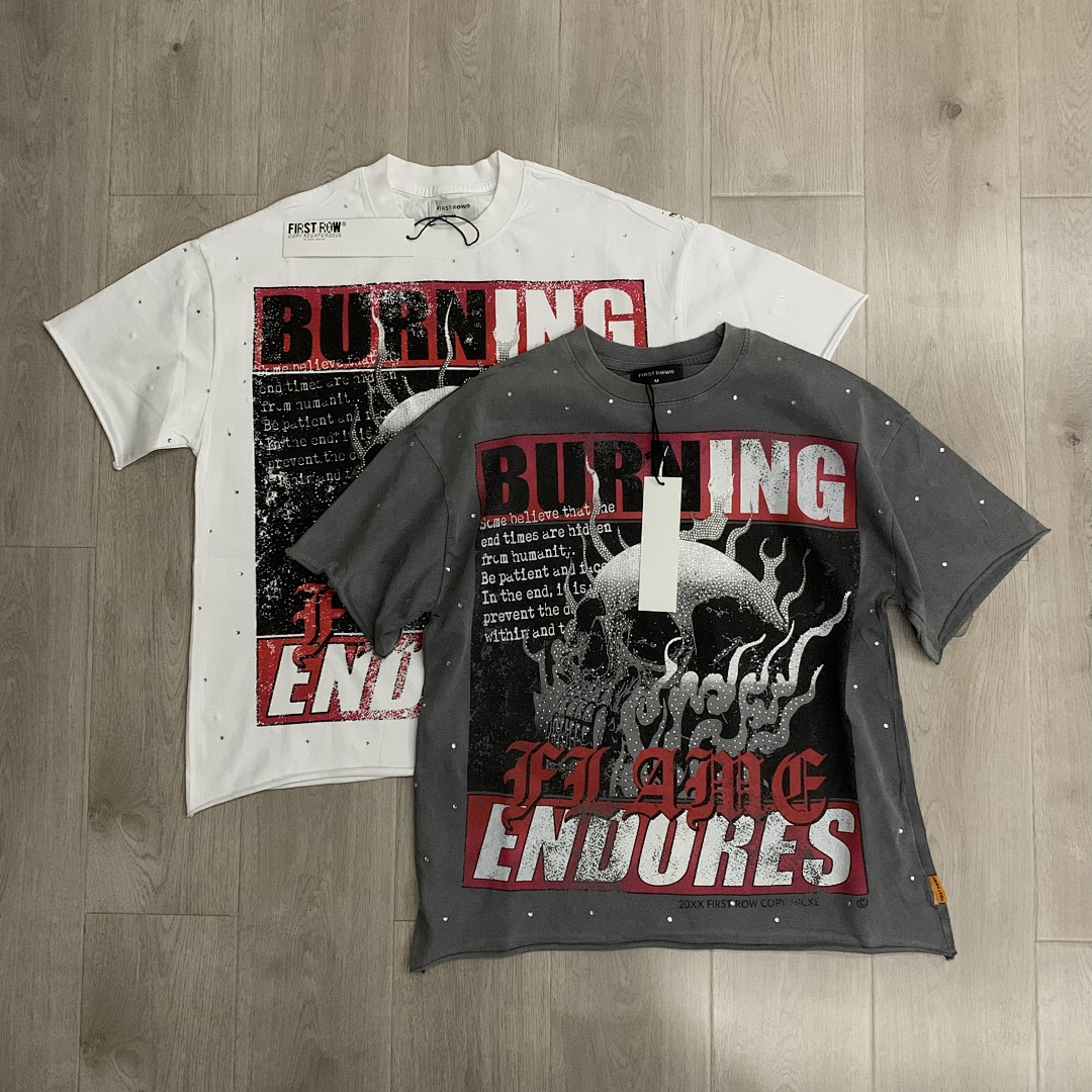 F506# P68(白色） P70(灰色) FIRST ROW BREAKING NEWS BURNING FLAMES CROPPED TEE时尚烫钻潮牌短袖