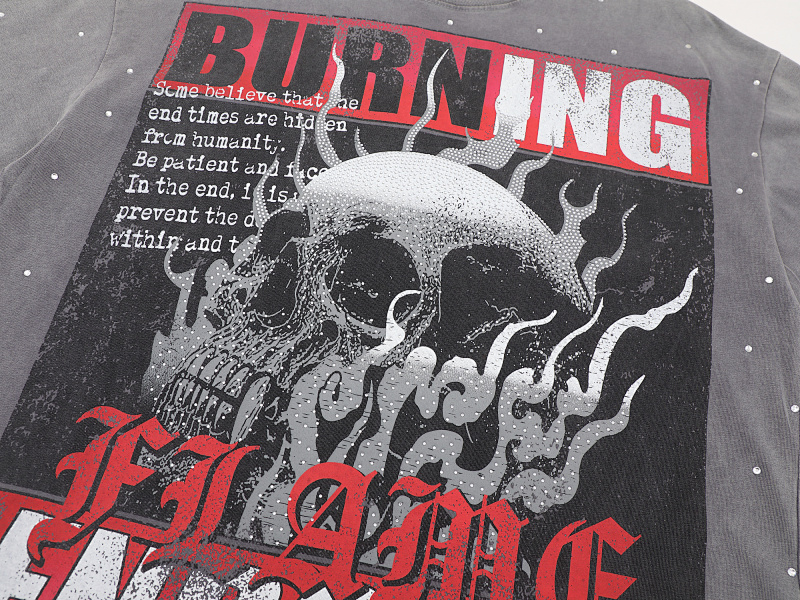 F506# P68(白色） P70(灰色) FIRST ROW BREAKING NEWS BURNING FLAMES CROPPED TEE时尚烫钻潮牌短袖