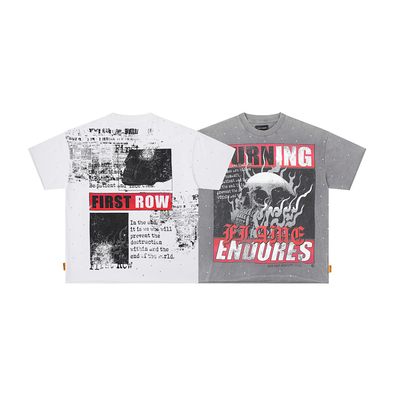 F506# P68(白色） P70(灰色) FIRST ROW BREAKING NEWS BURNING FLAMES CROPPED TEE时尚烫钻潮牌短袖