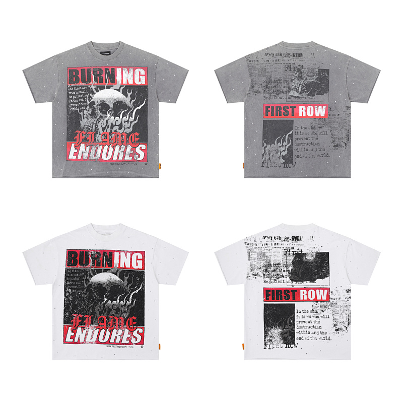 F506# P68(白色） P70(灰色) FIRST ROW BREAKING NEWS BURNING FLAMES CROPPED TEE时尚烫钻潮牌短袖