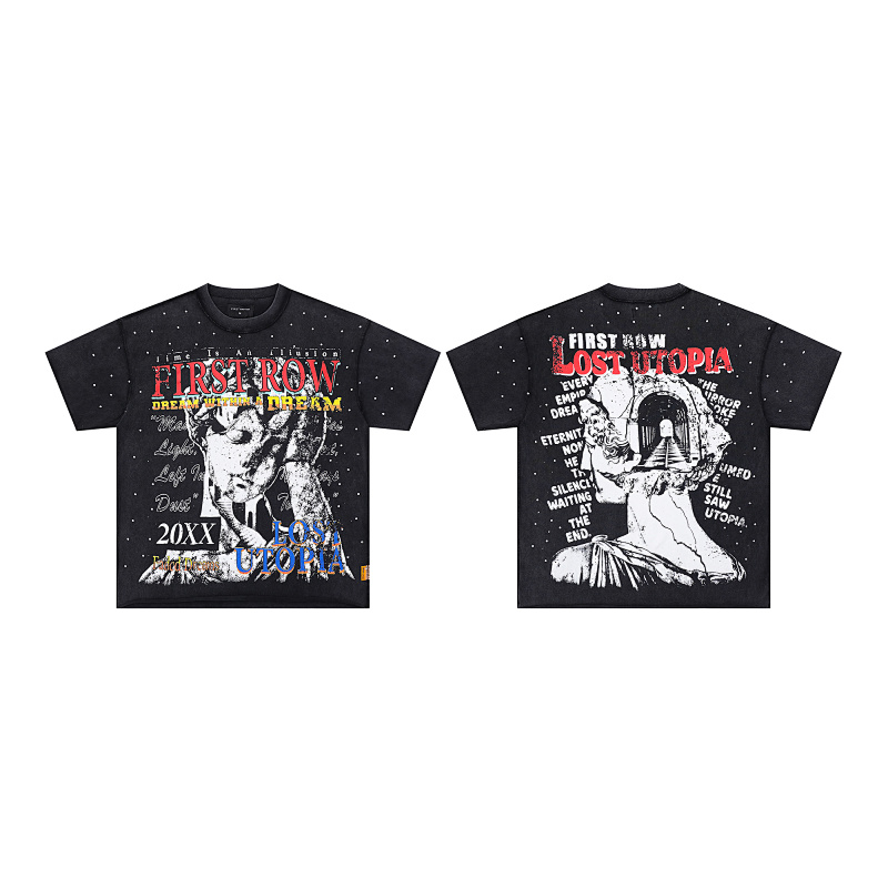 F515# P68 FIRST ROW LOST UTOPIA ILLUSION CROPPED TEE满幅烫钻街头时尚短袖T恤