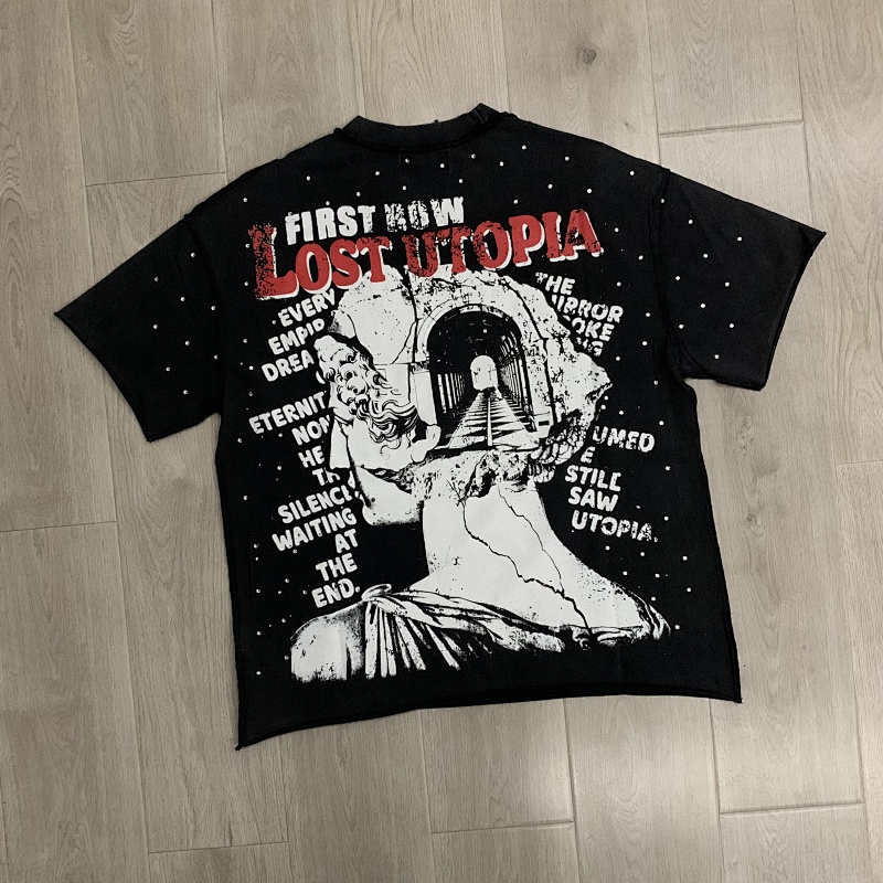 F515# P68 FIRST ROW LOST UTOPIA ILLUSION CROPPED TEE满幅烫钻街头时尚短袖T恤