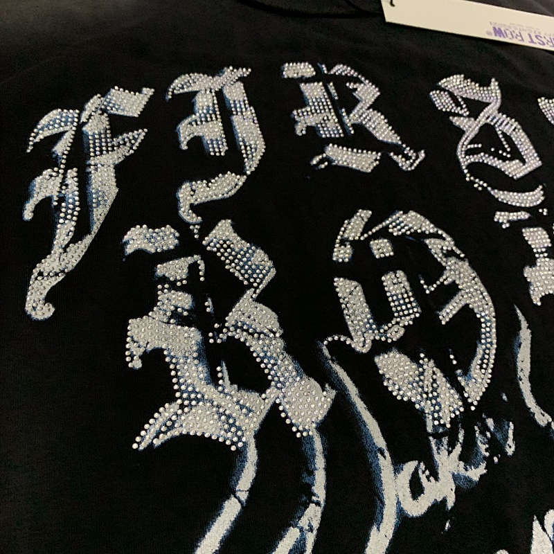 F102# P63 FIRST ROW WAKE UP AND BE FIERCE FLAME TEE烫钻洗水做旧短袖T恤
