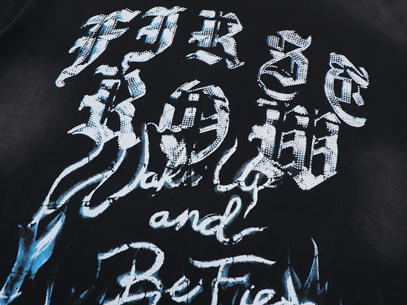 F102# P63 FIRST ROW WAKE UP AND BE FIERCE FLAME TEE烫钻洗水做旧短袖T恤