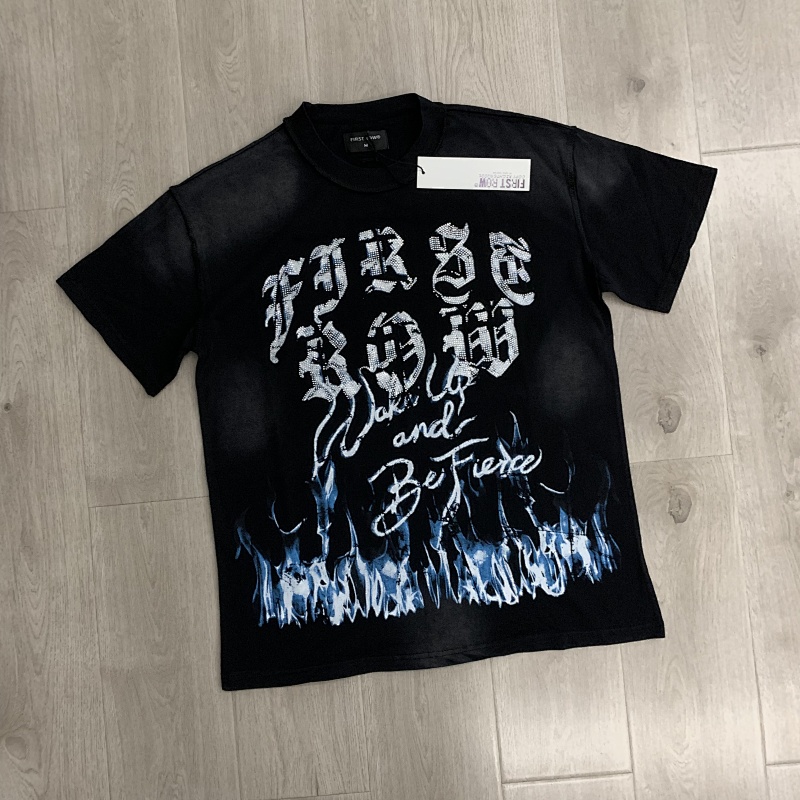 F102# P63 FIRST ROW WAKE UP AND BE FIERCE FLAME TEE烫钻洗水做旧短袖T恤