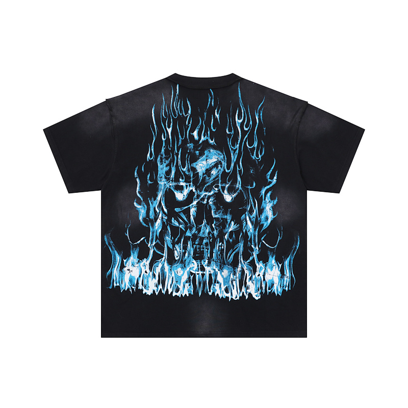 F102# P63 FIRST ROW WAKE UP AND BE FIERCE FLAME TEE烫钻洗水做旧短袖T恤