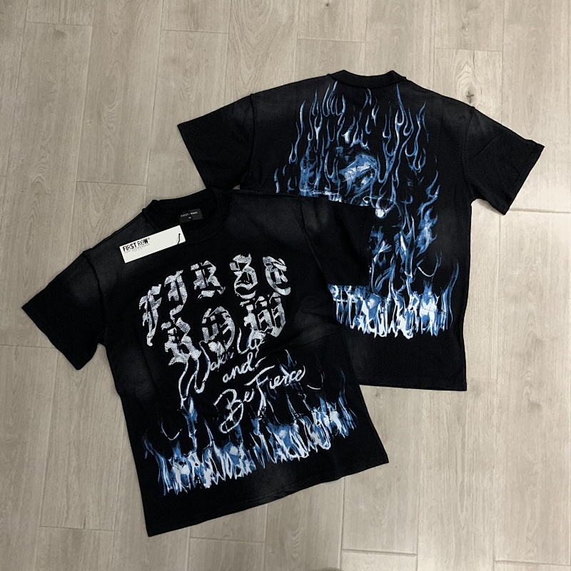 F102# P63 FIRST ROW WAKE UP AND BE FIERCE FLAME TEE烫钻洗水做旧短袖T恤