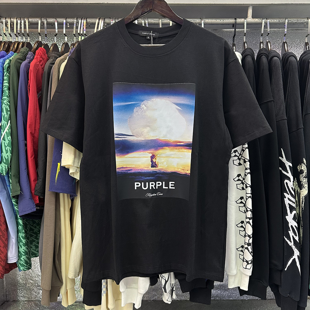编号3005，美式潮牌purple brand蘑菇云朵印花高克重双纱宽松休闲短袖T恤男女