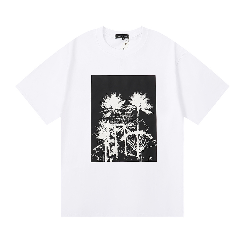 编号3006,美式潮牌purple brand椰树掌纹印花高克重双纱休闲百搭短袖T恤男女
