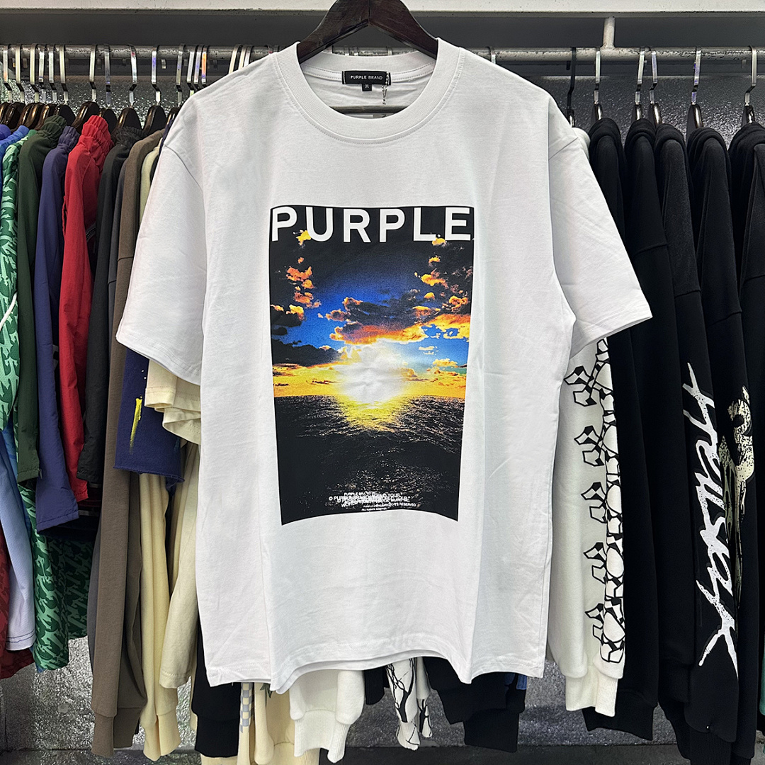 编号3007，美式潮牌purple brand海上日出印花高品质纯棉休闲街头短袖T恤男女