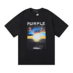 编号3007，美式潮牌purple brand海上日出印花高品质纯棉休闲街头短袖T恤男女