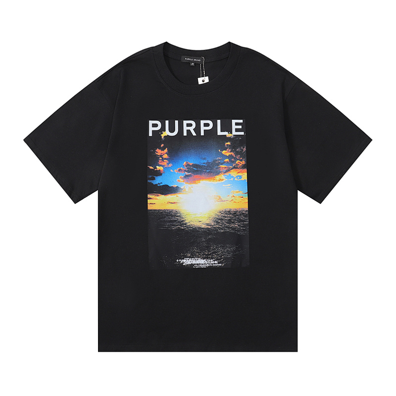 编号3007，美式潮牌purple brand海上日出印花高品质纯棉休闲街头短袖T恤男女