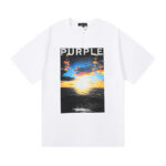 编号3007，美式潮牌purple brand海上日出印花高品质纯棉休闲街头短袖T恤男女