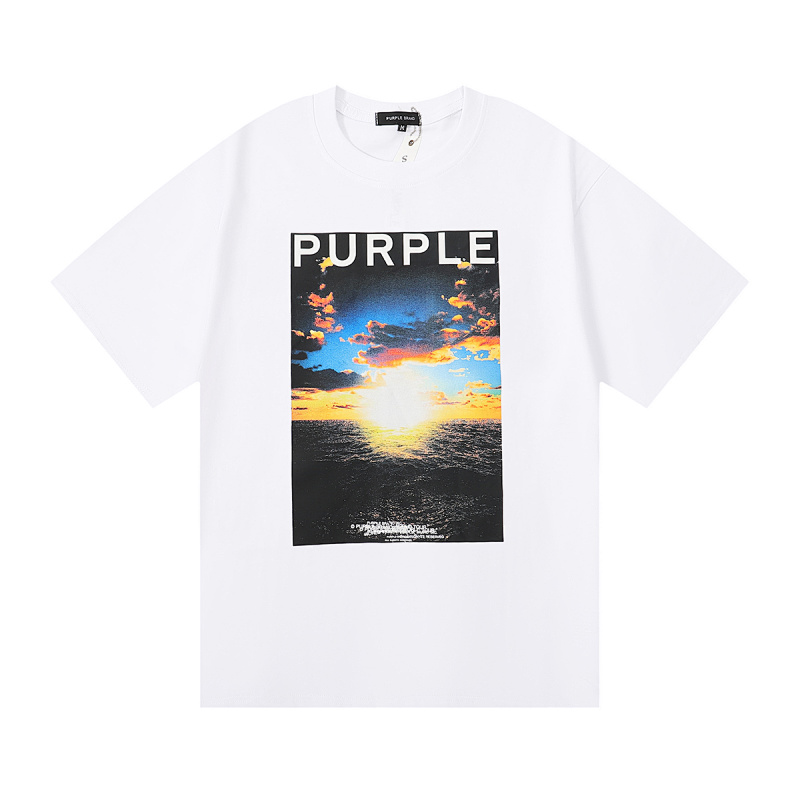 编号3007，美式潮牌purple brand海上日出印花高品质纯棉休闲街头短袖T恤男女