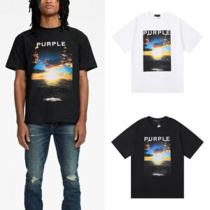 编号3007，美式潮牌purple brand海上日出印花高品质纯棉休闲街头短袖T恤男女