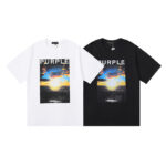 编号3007，美式潮牌purple brand海上日出印花高品质纯棉休闲街头短袖T恤男女