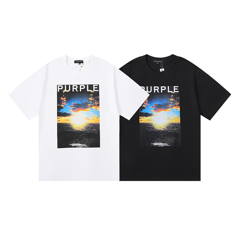 编号3007，美式潮牌purple brand海上日出印花高品质纯棉休闲街头短袖T恤男女