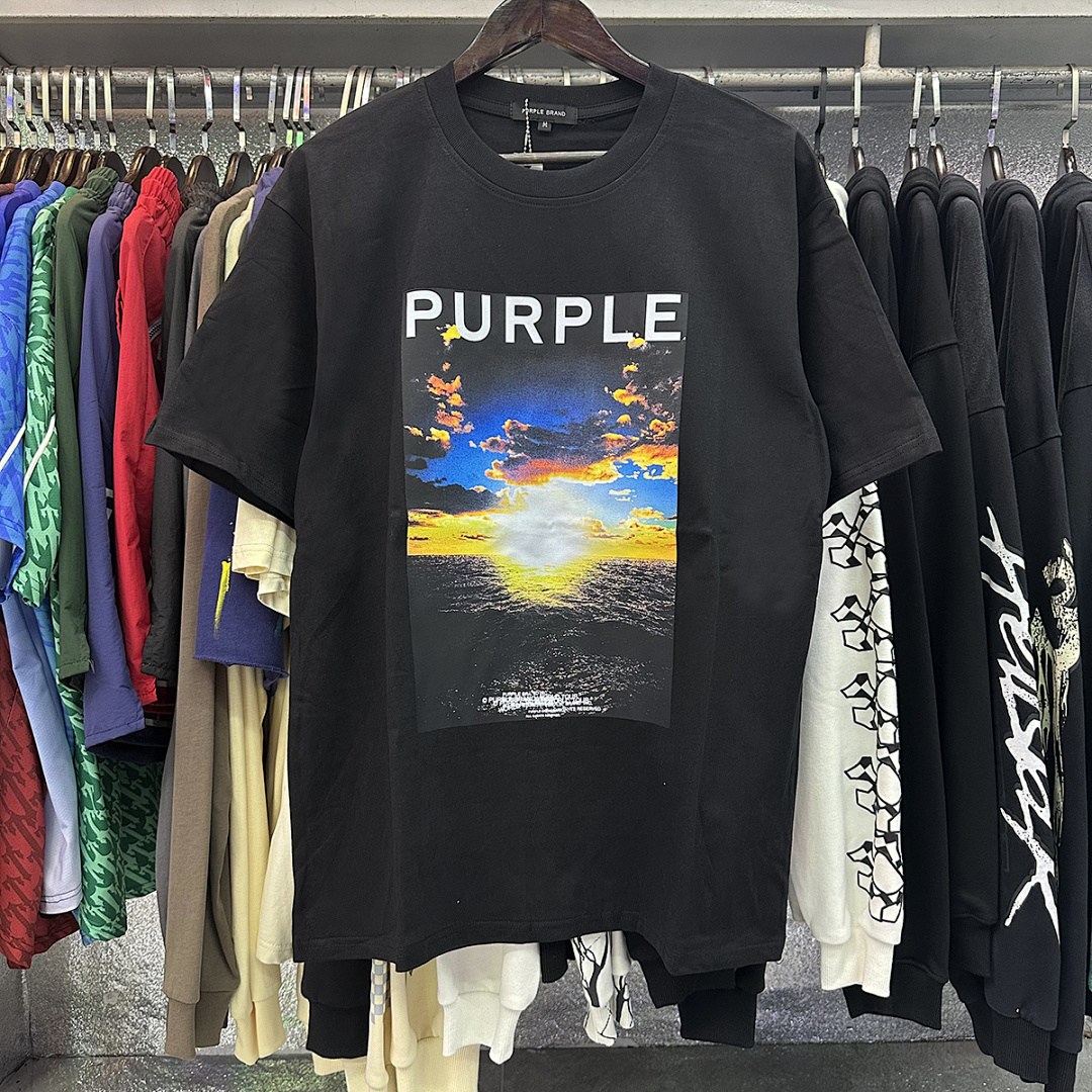 编号3007，美式潮牌purple brand海上日出印花高品质纯棉休闲街头短袖T恤男女