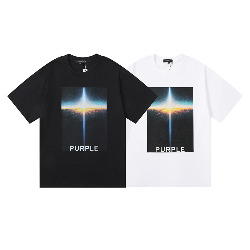 编号3017，美式潮牌Purple Brand云海日出高清印花双纱纯棉休闲短袖T恤男女