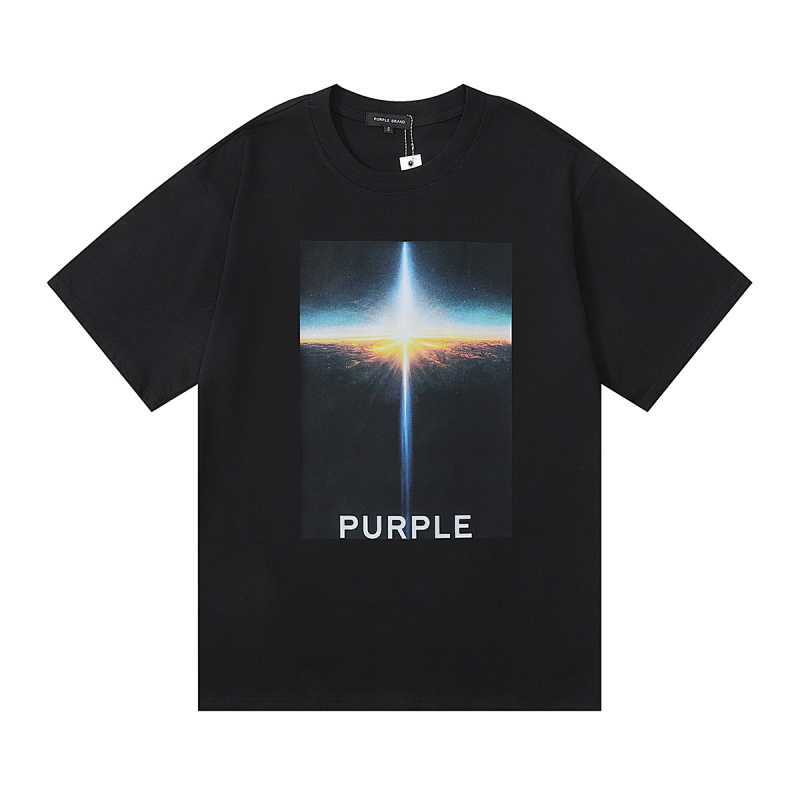编号3017，美式潮牌Purple Brand云海日出高清印花双纱纯棉休闲短袖T恤男女