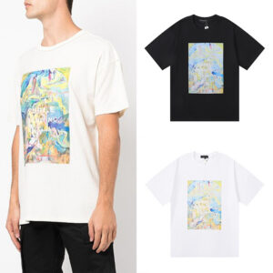 编号3019，美潮Purple Brand山水画抽象油画高品质双纱纯棉休闲短袖T恤男女