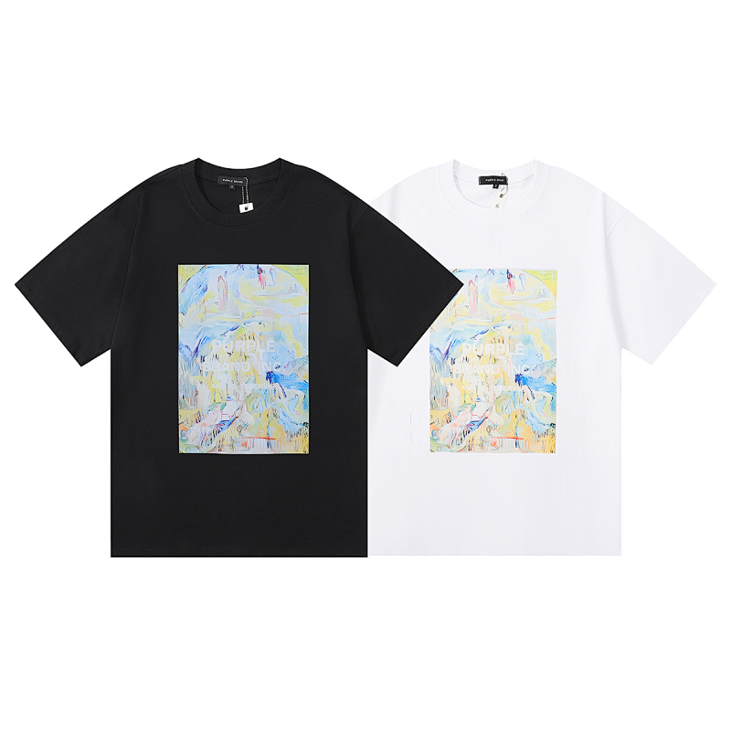 编号3019，美潮Purple Brand山水画抽象油画高品质双纱纯棉休闲短袖T恤男女