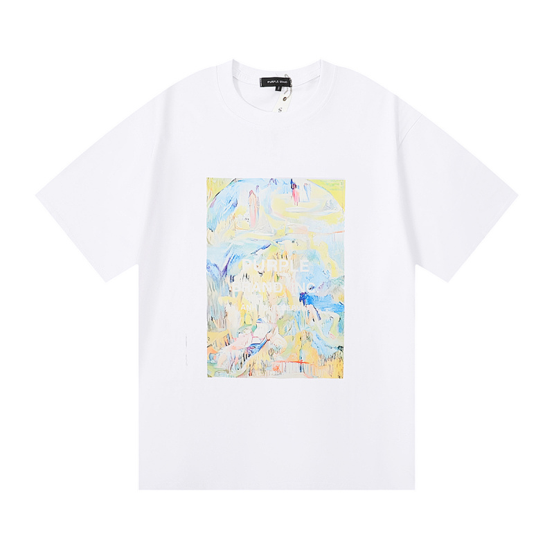 编号3019，美潮Purple Brand山水画抽象油画高品质双纱纯棉休闲短袖T恤男女