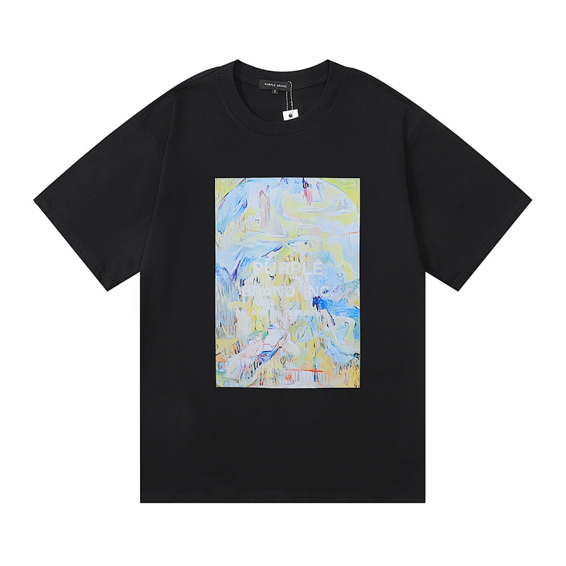 编号3019，美潮Purple Brand山水画抽象油画高品质双纱纯棉休闲短袖T恤男女