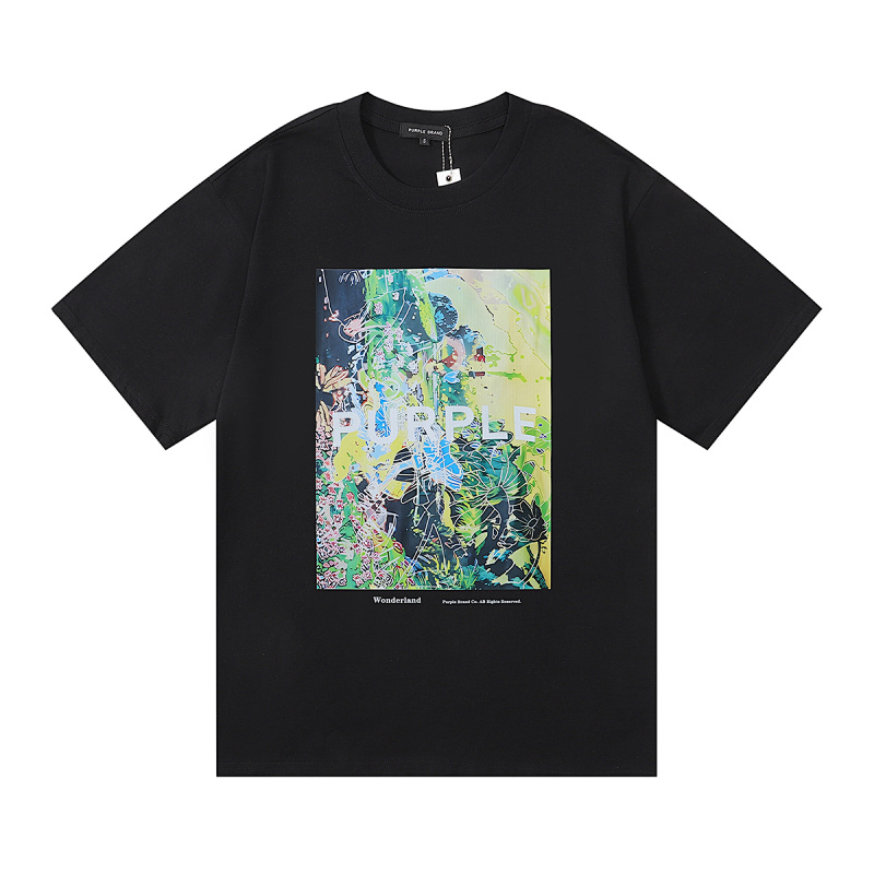 编号3022，2023新款美潮Purple Brand仙境般的地方Wonderland高清图案印花双纱纯棉短袖T恤男女