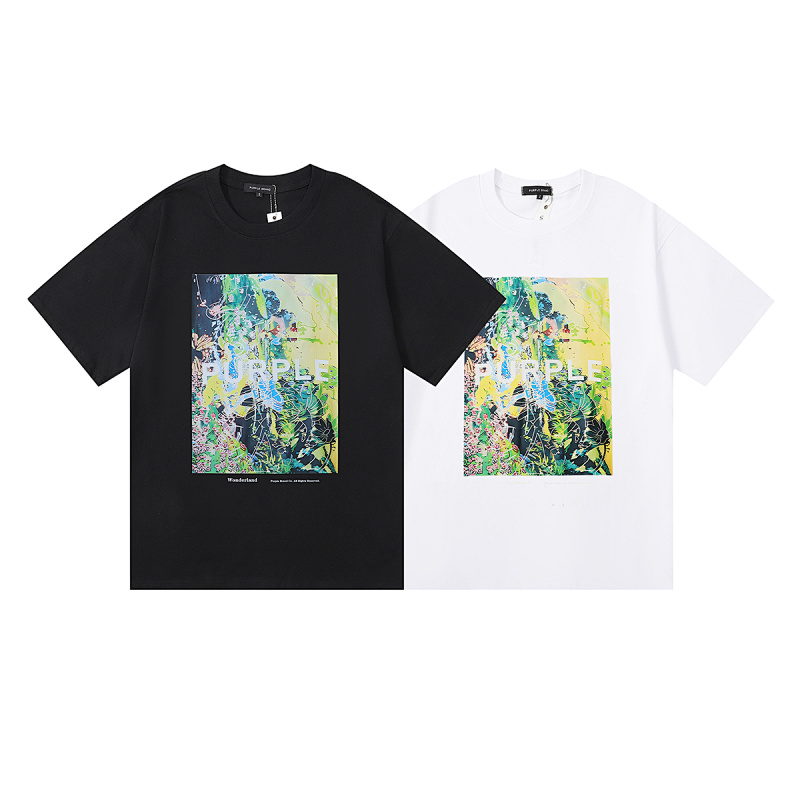 编号3022，2023新款美潮Purple Brand仙境般的地方Wonderland高清图案印花双纱纯棉短袖T恤男女
