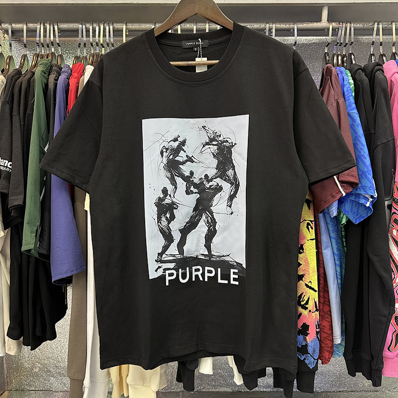 编号3023，美潮Purple Brand素描Fight图案高品质双纱纯棉休闲短袖T恤男女