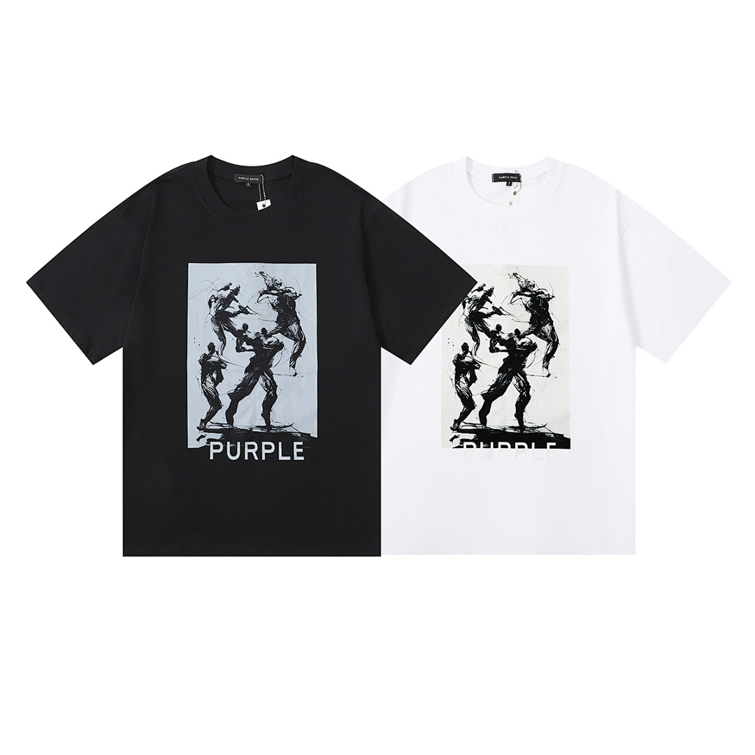 编号3023，美潮Purple Brand素描Fight图案高品质双纱纯棉休闲短袖T恤男女