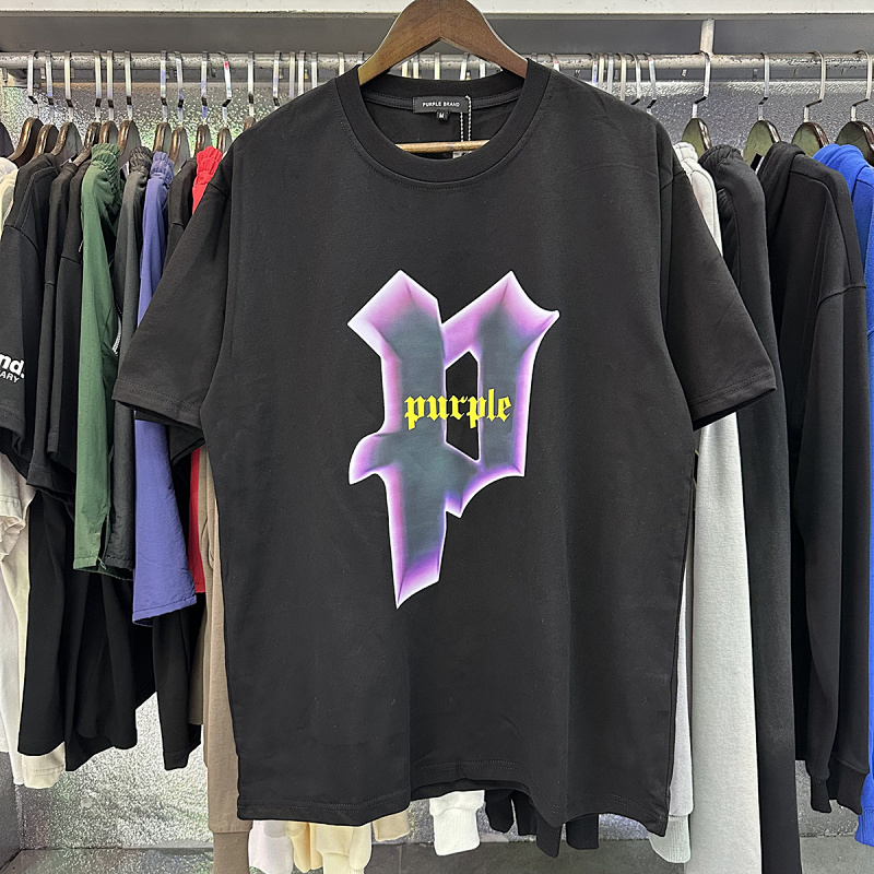 编号3027，美潮Purple Brand溶解渐变大P印花高品质双纱纯棉休闲短袖T恤男女