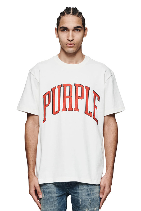 编号3029，外贸美潮Purple Brand橙色弧形Logo印花高品质双纱纯棉休闲短袖T恤男女