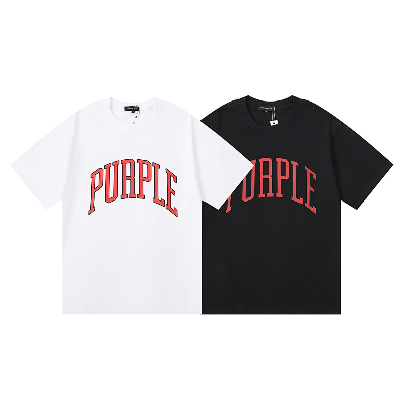 编号3029，外贸美潮Purple Brand橙色弧形Logo印花高品质双纱纯棉休闲短袖T恤男女