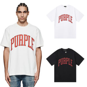编号3029，外贸美潮Purple Brand橙色弧形Logo印花高品质双纱纯棉休闲短袖T恤男女