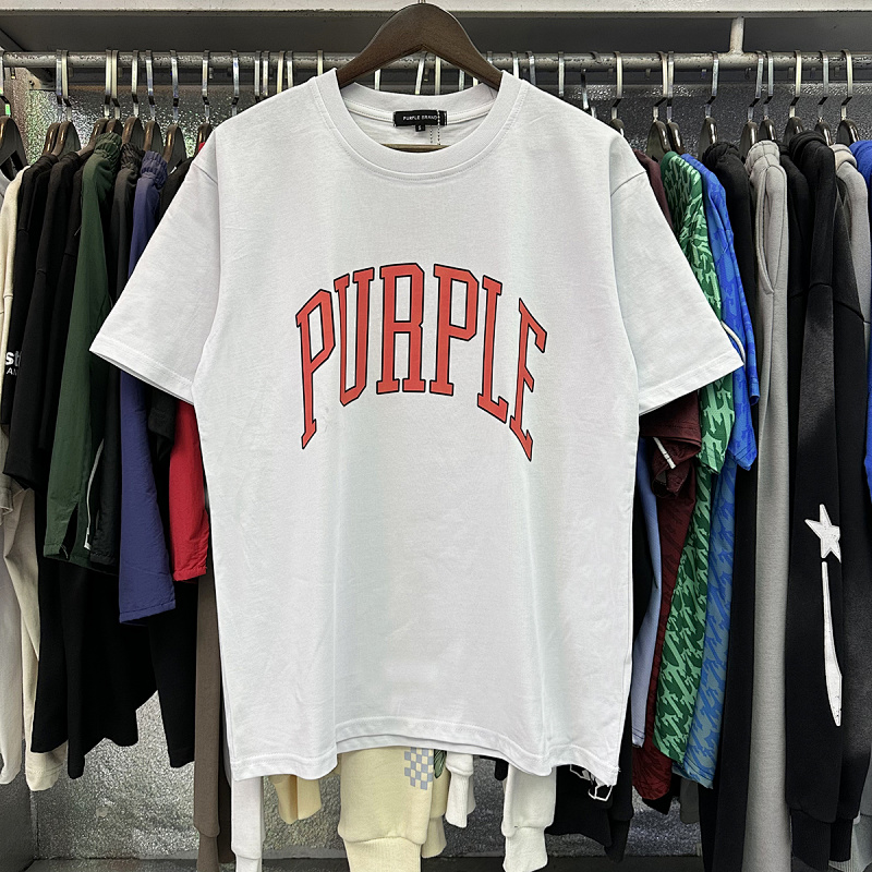 编号3029，外贸美潮Purple Brand橙色弧形Logo印花高品质双纱纯棉休闲短袖T恤男女