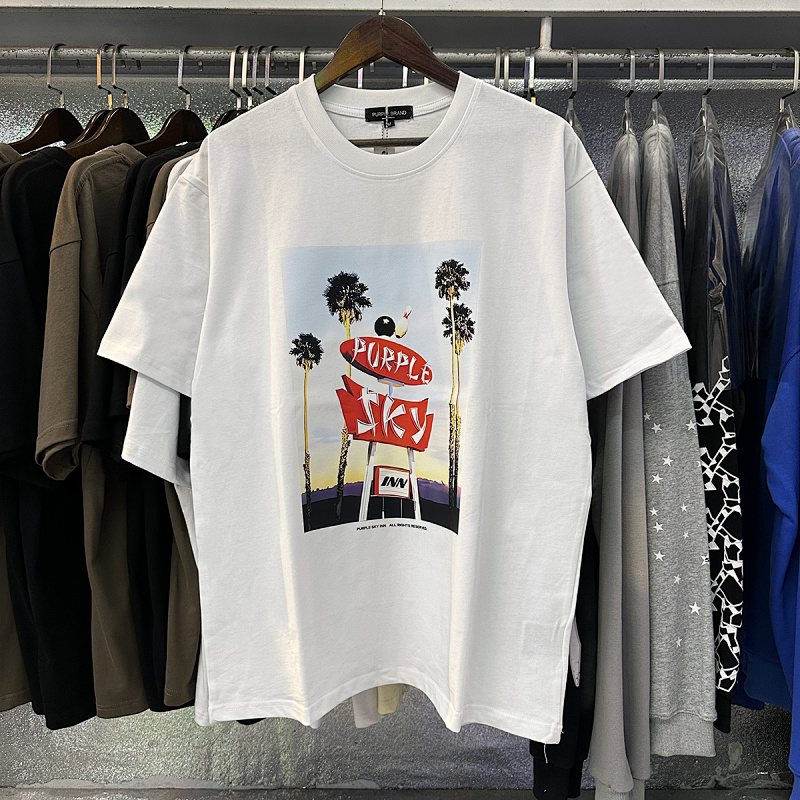 编号3036，美潮Purple Brand SKY INN滑板椰树印花高品质双纱纯棉休闲短袖T恤男女