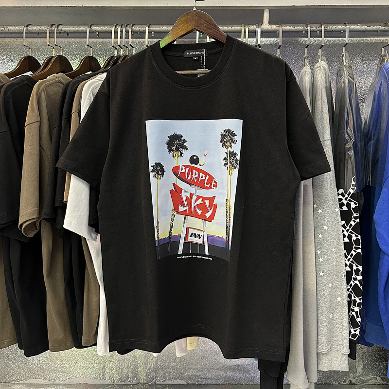 编号3036，美潮Purple Brand SKY INN滑板椰树印花高品质双纱纯棉休闲短袖T恤男女