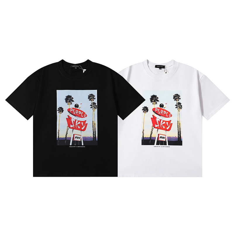 编号3036，美潮Purple Brand SKY INN滑板椰树印花高品质双纱纯棉休闲短袖T恤男女