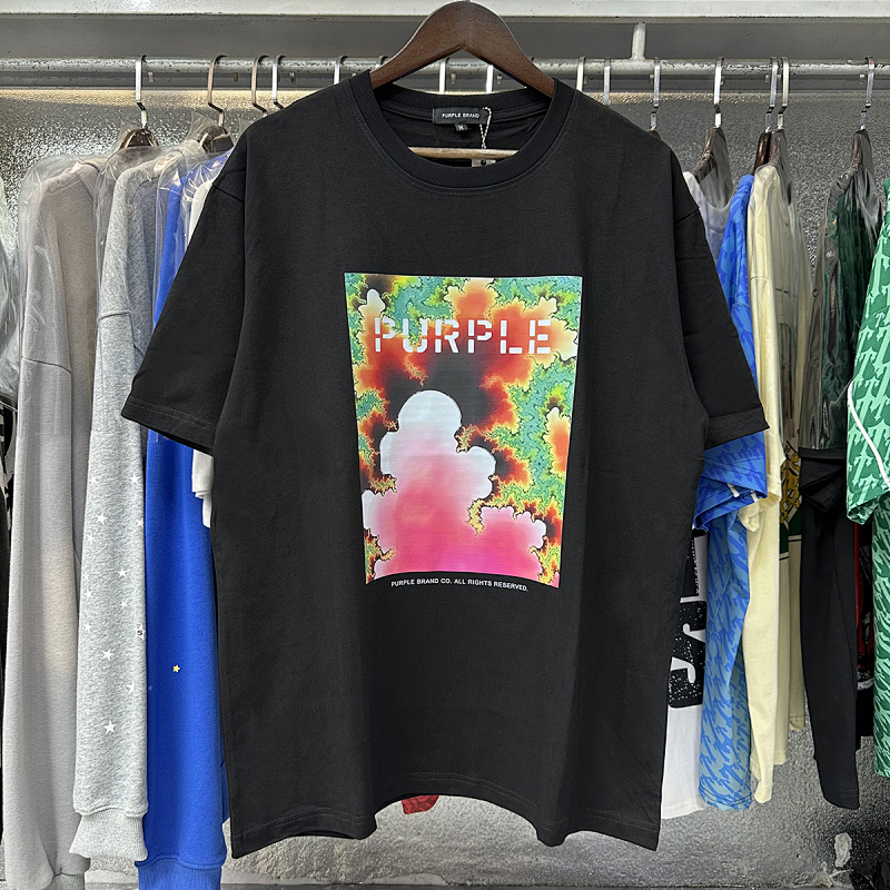编号3057，2024春夏新款Purple Brand Fractal锦簇红花绿植印花高品质双纱纯棉休闲短袖T恤男女